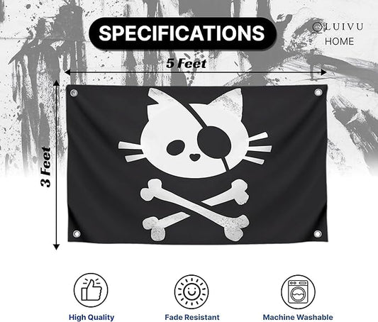 3x5 Feet Pirate Cat Skull and Crossbone Home Polyester Flags with 4 Brass Grommets - Decorative Home Fall Single Sided Flags for Infoor or Outdoor - Garden Yard Porch Patio Banner for Decor