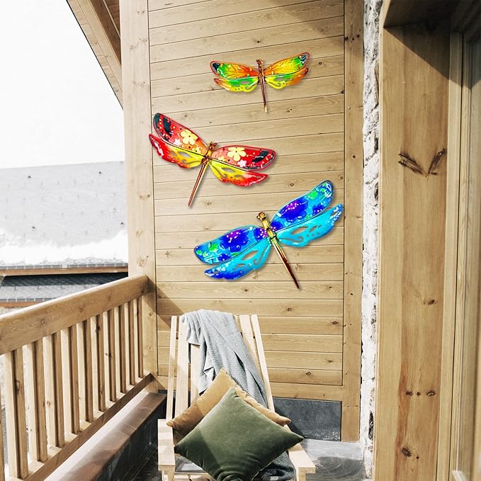 John's Studio Dragonfly Wall Decor Outdoor Metal Garden Hanging Art Glass Sculptures Home Insect Theme Decorations for Living Room, Bedroom Yard, Fence and Patio - 3 PCS