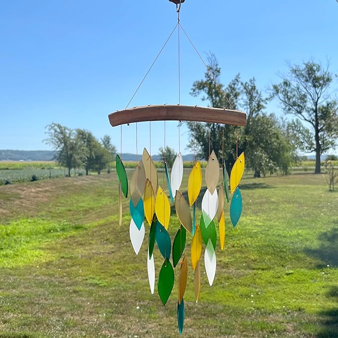 Blue Handworks Rainforest Waterfall Glass and Driftwood Chime, Sandblasted Glass and Found Wood Handcrafted Wind Chime