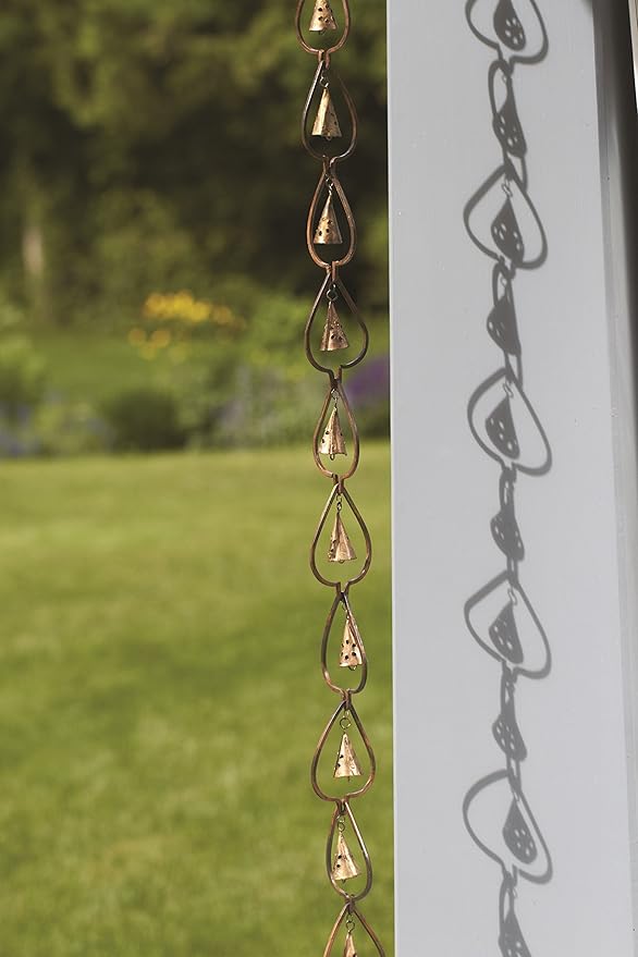 Ancient Graffiti Flamed Copper Aspen with Rain Drop Bells Hanging Chain, 3" x 96" x 3"