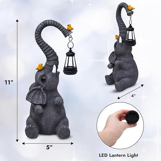 Gift Boutique Garden Decor Elephant Statues with Lantern Light Outdoor Elephant Figurine Yard Lawn Patio Decorations Resin Animal Sculpture with LED Hanging Lamp