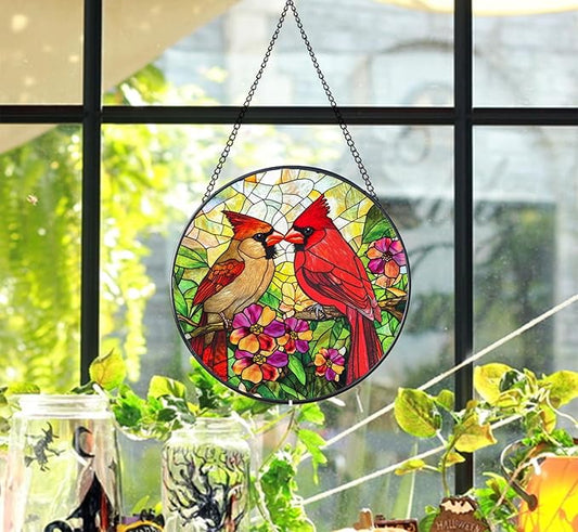 Cardinal Stained Glass Window Hanging, 7.87 Inch Sun Catcher for Indoor Outdoor, Hand Painted Stained Glass Gift for Women Bird Lovers Mother's Day Christmas