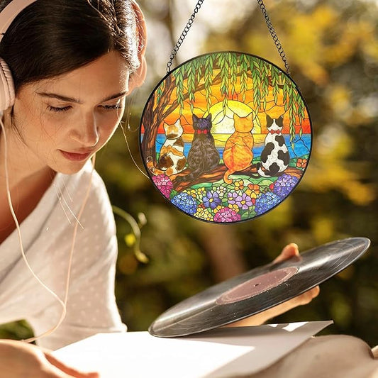 Cat Flower Stained Glass Window Hanging, Cat Mom Lovers Gifts for Women, Nature Sunset Kitten Landscape Suncatchers Sun Catchers Indoor Window Glass Wall Art Decorations, 7.9x7.9in, Patio