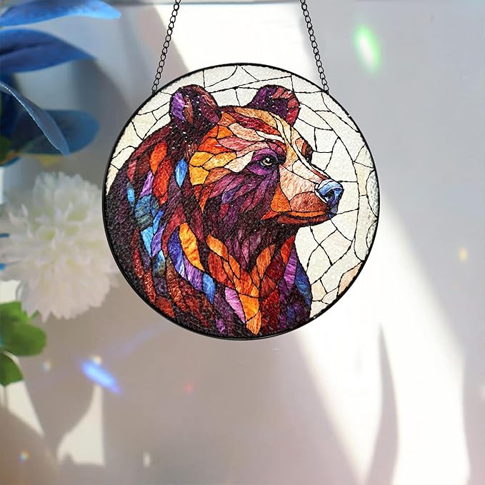 Bimkole Bear Stained Glass Suncatcher Window Hanging - Animals Design for Indoor Window or Doorway Decoration - 7.87x7.87 inch with Chain and Hook - Unique Home Decor Gift