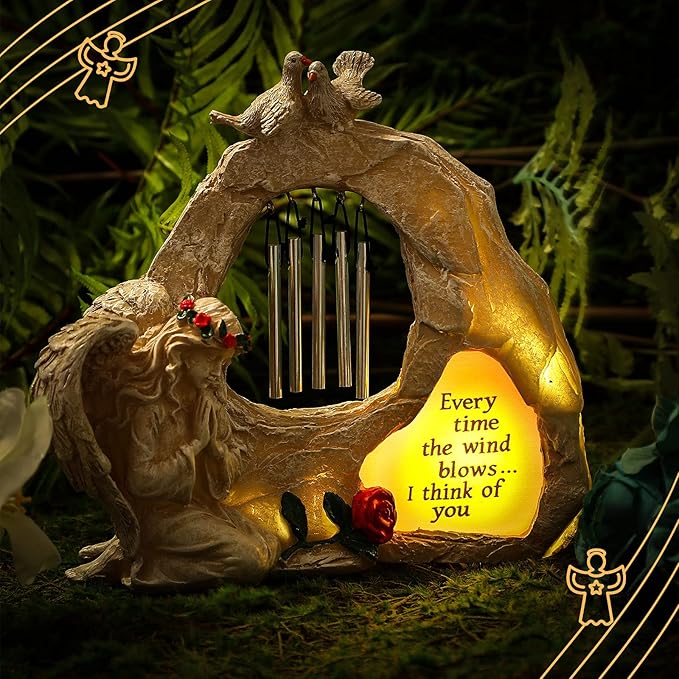 Jetec Praying Angel Wind Chime Statue Garden Angel Memorial Wind Chime Statue Mini Home Decor Resin Figurines Solar Figurines Light for Home Garden Decoration(Elegant Style)