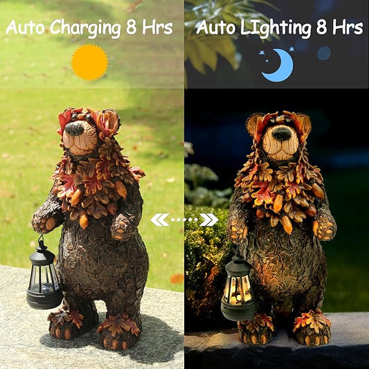 YMXYJM Solar Garden Statue Bear Figurine, Garden Art Outdoor Statues with Solar Lantern, Loving Bear for Patio, Balcony, Yard, Lawn, Unique Housewarming Gifts
