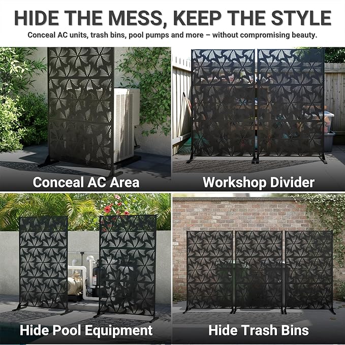 72in Metal Privacy Screen Outdoor Decorative Panel โ Freestanding Rustproof Steel Patio Divider for Garden, Backyard, or Balcony, Modern Laser Cut Design for Stylish Privacy & Outdoor Decor