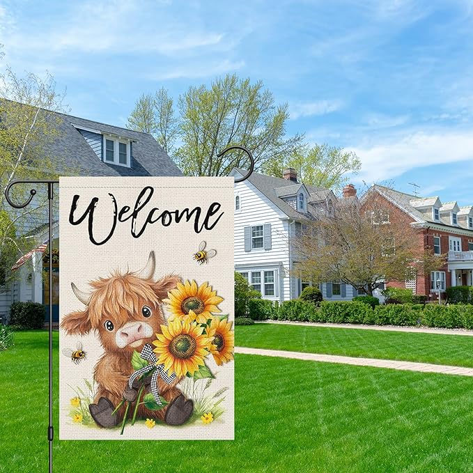 Heyfibro Welcome Summer Highland Cow Garden Flag 12x18 Double Sided Burlap Spring Flower Sunflower Bee Small Yard Banner for Rustic Seasonal Outside Outdoor House Decoration (ONLY FLAG)