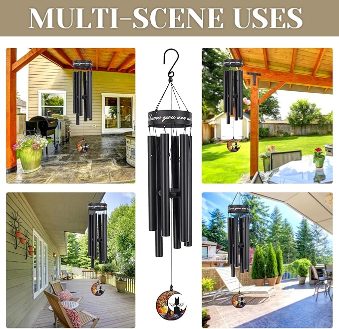 35" Pet Memorial Wind Chime, Pet Sympathy Gift for Loss of Dog, Dog Memorial Wind Chime with Stained Moon, Hand Tuned Aluminum Wind Chimes for Outdoor Garden Porch Remembrance Decor, Black