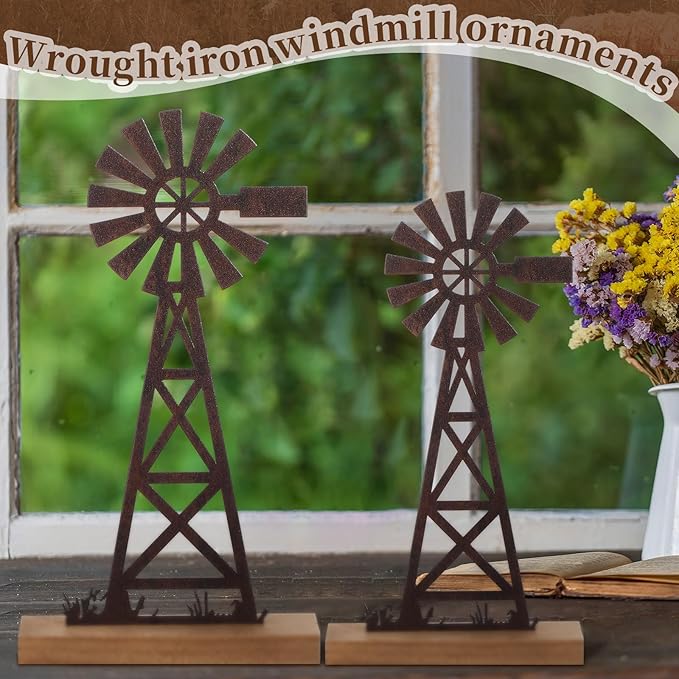 Tandefio 2 Pcs Farmhouse Windmill Table Top Decor 11.8 Inch Metal Rusted Vintage Desk and Shelf, Decorative Farmhouse Kitchen Rustic Windmill Rustic Home Decorations