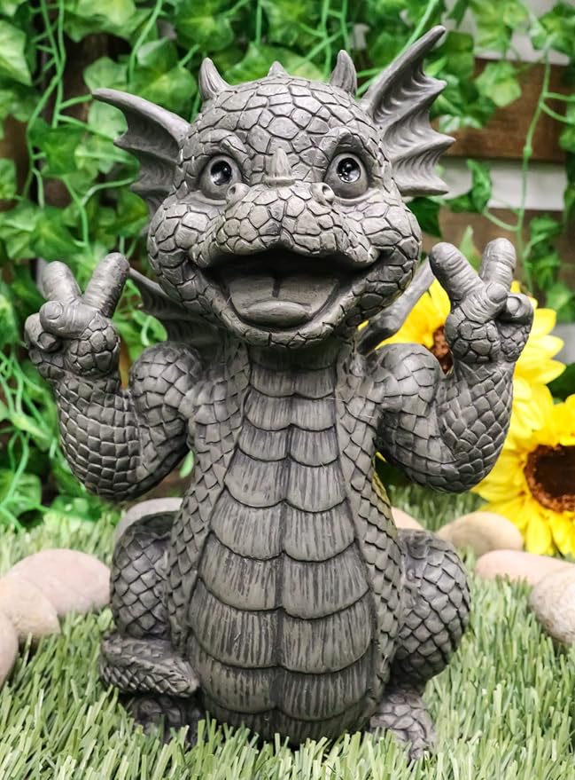 Ebros Whimsical Garden Dragon with Hippie Peace Sign Gesture Statue 10.5" Tall Cute Baby Dragonling Smiling Wide Faux Stone Resin Finish Figurine Home Decor Sculpture