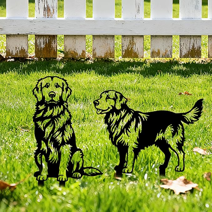 GLOBLELAND 2 Pcs Golden Retriever Mental Garden Stakes Black Silhouette Dog Decorative Yard Stakes Trees Metal Outdoor Art Decor for Yard Patio Lawn Walkway Ornament