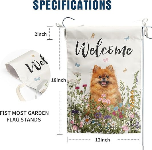 Spring Summer Garden Flag Floral Pomeranian Yard Flag Flower Dog Garden Flags for Outside Small Outdoor Welcome Flags 12x18 Double Sided