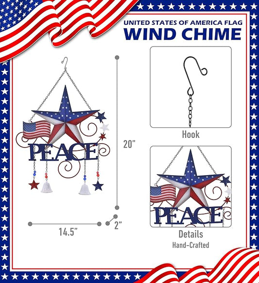 CoTa Global USA Flag Peace Wind Chime - American Flag Patriotic Indoor or Outdoor Windchime Home Decor with Hanging Bells, Handcrafted Glass and Metal Wind Chimes for Yard, Garden, Porch - 20 Inches