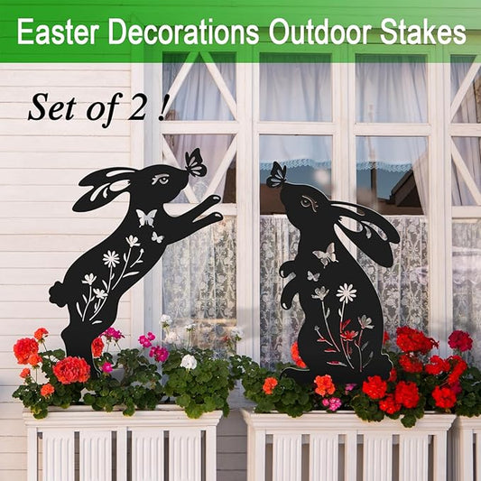 Easter Decorations Outdoor,2 Pack Metal Silhouette Bunny Garden Decor,Rabbit Yard Art Stakes for Yard,Lawn,Patio,Easter Gifts for Women