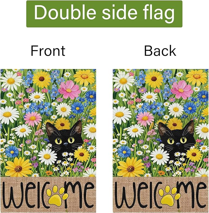 Louise Maelys Spring Summer Garden Flag Floral Daisy Black Cat Double Sided 12x18 Inch Seasonal Welcome Small Burlap Holiday Yard Sign Outdoor Outside Home Decoration