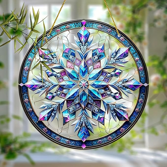 Banax Snowflake Hanging Stained Glass for Windows,23cm/9 inch Hand-Painted Sun Catcher Garden Hangings Christmas Mother's Day, Valentine's Day Ornaments Festival Gift