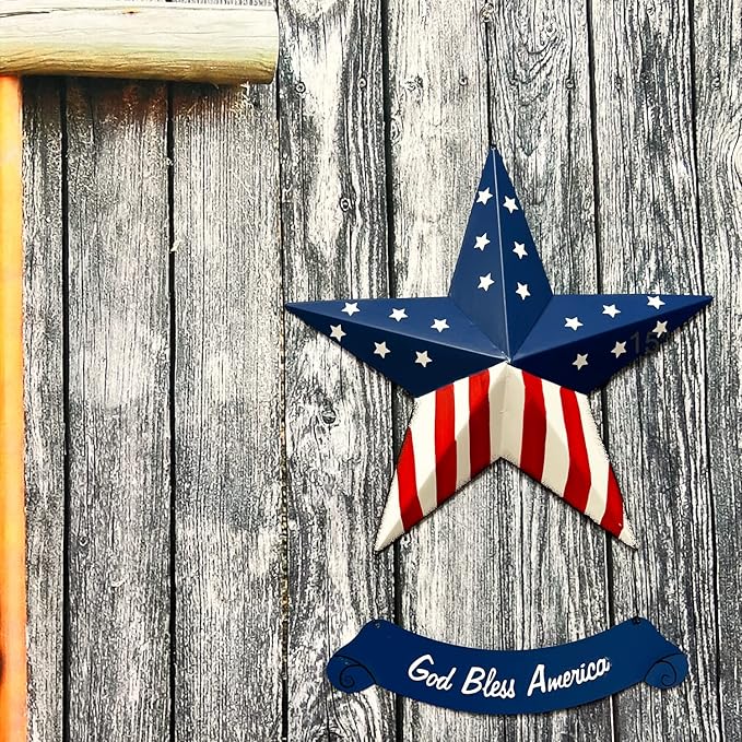 Rustic Hanging Metal American Flag Patriotic Barn Star Wall Door Yard Signs 4th of July White Blue Red Independence Day Memorial Day Decor Indoor Outdoor Stars Wreath Fourth of July Decorations