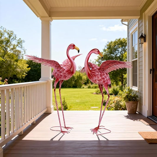 Natelf Pink Flamingo Yard Decorations, Tall Birds Garden Statues and Sculptures, Metal Lawn Art Ornaments for Outdoor Patio Backyard, Set of 2