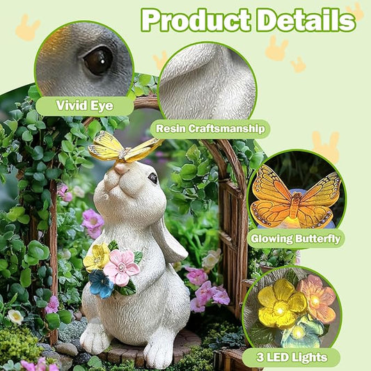 Solar Garden Decor Rabbit Statues with Butterfly LED Light - Waterproof Bunny Figurines Outdoor for Yard Patio Balcony Easter Decor - Unique Housewarming Mother's Day Birthday Gifts for Women