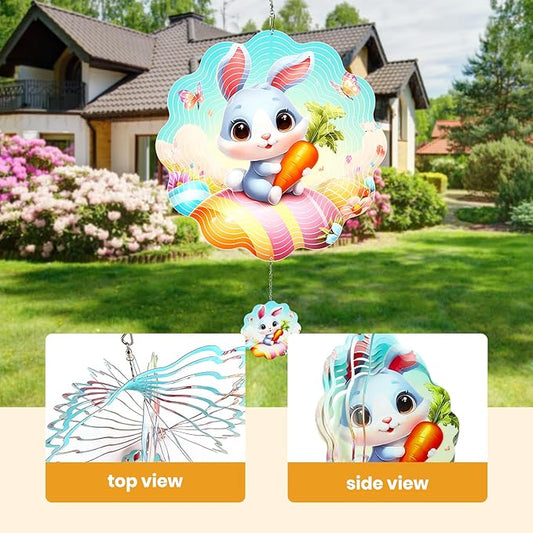 MXJSUA Easter Wind Spinners for Indoor Outdoor Garden Decoration, 12 Inch Bunny Stainless Steel Hanging Wind Spinners Ornaments Crafts for Gifts