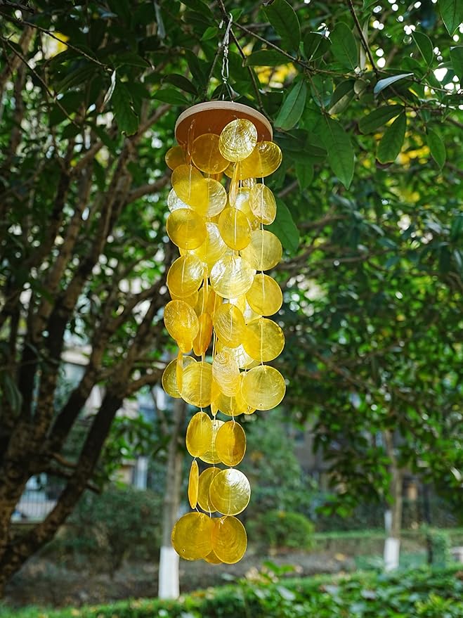 Capiz Shell Wind Chime for Outside 28” Sea Glass Wind Chime Ocean/Beach Themed Chime Gift for Women Mother’s Day Decoration Orange