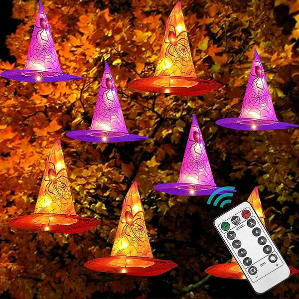 DAZZLE BRIGHT 8 Pcs Hanging Witch Hat String Lights, Light Up Waterproof Halloween Decorations with Remote Control for Outdoor Garden Party Carnival Supplies Decor (2 Pack)