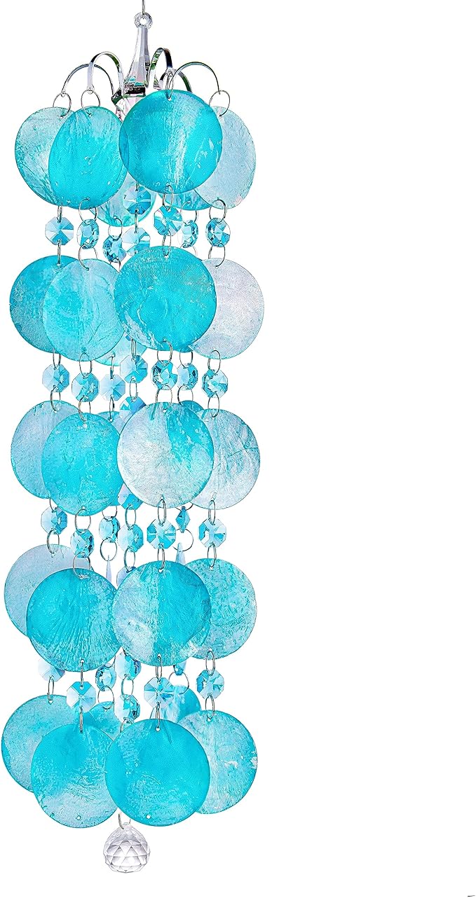 23.6 inch Capiz Shell Wind Chime Outdoor Indoor Hanging, Blue Shell Wind Chimes for Outside, Crystal Wind Chime Pendant, Handemade Gift for Housewarming