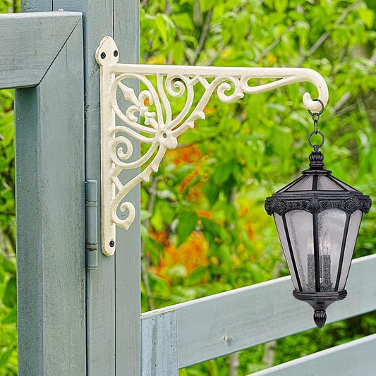 Sungmor Decorative Cast Iron Wall Bracket for Hanging Baskets – 2 Pack Heavy Duty Plant Hanger Hook for Outdoor/Indoor Use – Vintage White Metal Hanging Bracket for Lanterns, Bird Feeders, Signs