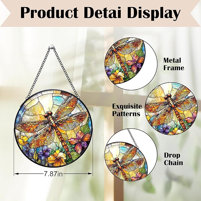 Dragonfly Flower Stained Glass Window Hanging Suncatchers, Dragonfly Sun Catchers Indoor Window Glass Wall Art Decor, Nature Insect Floral Wall Hanging Decorations Sculptures, 7.9x7.9in