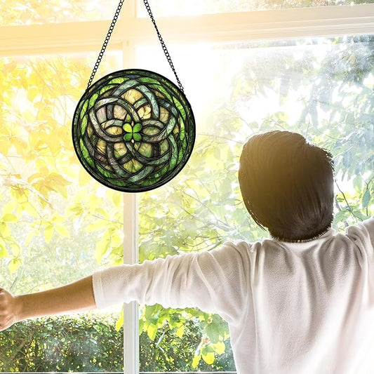 DASTOLL Stained Glass Window Hanging, Abstract Green Clover Sun Catchers Colorful Glass Panel Bless Suncatcher Decor for Birthday for Women, Men, Wife, Aunt, and Mom 6.3 in
