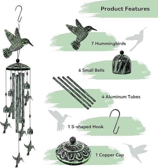 35" Hummingbird Wind Chimes for Outside, Hummingbird Wind Chimes Gifts for Mother's Day, Garden Decor for Outdoor Porch Patio Home Yard Decorations