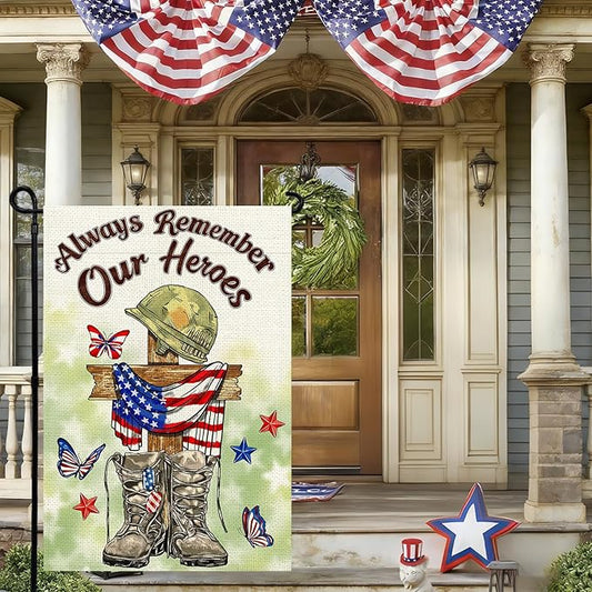 Memorial Day Garden Flag 12x18 Inch, Always Remember Our Heroes Double Sided Patriotic Flag for Yard Outdoor Decoration