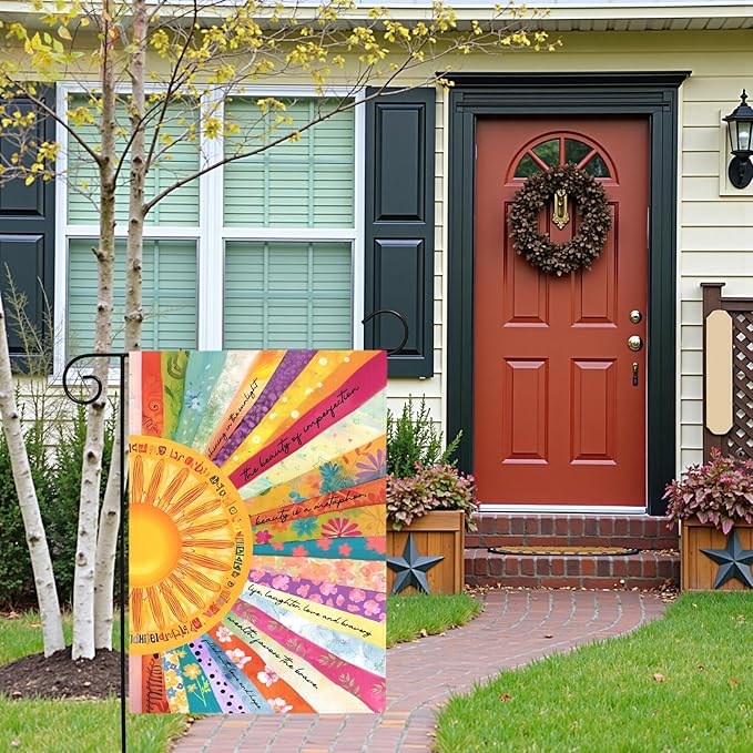 Summer Sun Garden Flag Colorful Boho Sunshine Yard Flags Inspirational Artistic Outdoor Decor for Front Yard Lawn Patio Porch Bright Floral Seasonal House Banner Double Sided 12x18 Inch