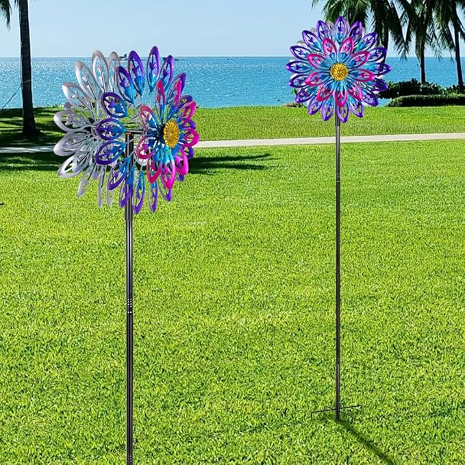 360°Metal Wind Spinner Outdoor,4 Layers Kinetic Wind Sculptures & Spinners with 5-Prond Metal Stake for Yard Patio Lawn Garden Decor