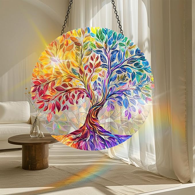 VAIIEYO Tree Acrylic Sun Catcher Window Hanging Decoration, 7.8 Inch Double-Sided Light Reflecting Plant Ornament for Window, Garden, Porch or Balcony Decor, Housewarming, Gift for Natural Lovers