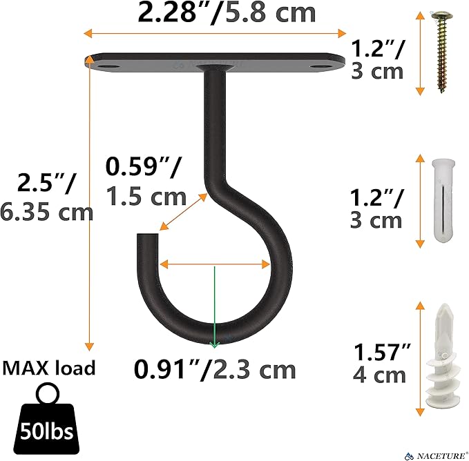 NACETURE Ceiling Hooks Heavy Duty 2 Pack - Plant Hooks for Ceiling Hanging Hook for Hanging Basket Hook, Light, Bird Feeders, Wind Chimes Dรฉcor Indoor & Outdoor (Black, 2.5 Inch 2 Pack)