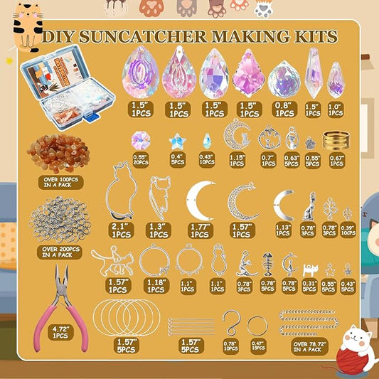 DIY Suncatchers, 450 pcs Sun Catchers Making Supplies Kit Art and Crafts for Adults Prism Hanging Decorative Suncatcher with Crystals Rainbow Maker for Indoor Windows Office Home Decor (Cat)