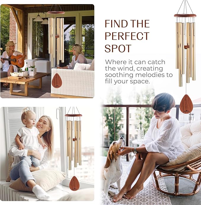 UpBlend XL Wind Chimes for Outside Gift – Deep Tone Wind Chime with Decorative Stone – Porch & Patio Decor, Elegant Outdoor Ornament, Garden Gifts. 38” Bronze.