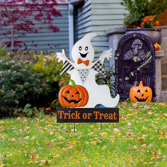 Glitzhome Lighted Metal Ghost Halloween Yard Stake or Wall Hanging Decor, 32" H, White