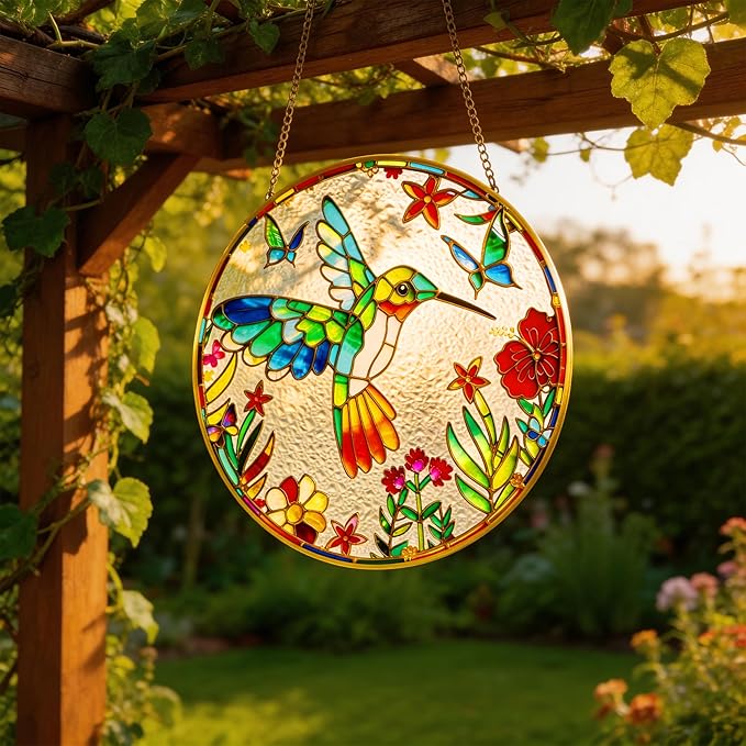 LITIVY Stained Glass Suncatcher Spring Flowers & Hummingbird, 8 Inch Handmade Multi-Color Window Hanging Decor for Garden, Sun Catcher Home Decor for Women