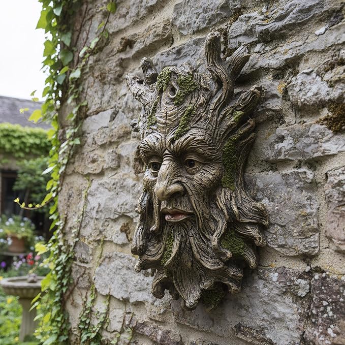 Old Man Tree Face Hugger Outdoor Decor, Handmade Tree Art Resin Statue with Foliage & Root Details, Whimsical Hanging Yard Art for Garden Wall Fence
