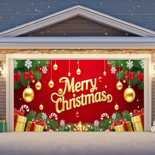 IVN Merry Christmas Happy New Year Garage Door Banner 13x6 ft Christmas Garage Door Cover Wnter Scene Background Indoor Outdoor Red Gold Snowflake Candy Cane Ornaments Gift Boxes Holiday Decorations for Home and Events Wall Backdrop Decor