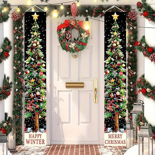 BlissYard Xmas Tree Banner Happy Winter Christmas Door Banner Holiday Wall Hanging Decoration with Red Green Gold Ornament Design Vertical Door Entryway Banner for Indoor Outdoor Seasonal Home Decor