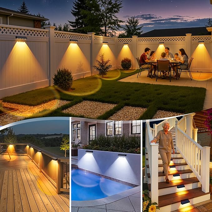 ShineTech Solar Fence Lights Outdoor Waterproof, 3-Color Lighting Modes LED Solar Powered Deck Lights, Outdoor Step Lights for Railing, Patio, Wall, Backyard (4 Packs)