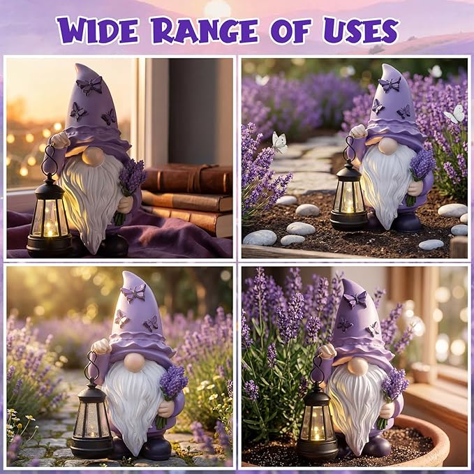 Capoda Solar Spring Gnome Statue 8" Garden Resin Gnome Figurine Holding Lantern with Solar LED Lights Decorations for Table Outdoor Yard Patio Lawn Porch Decor (Lavender)