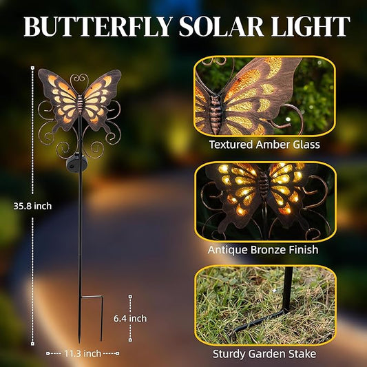 Butterfly Solar Lights for Outside, 36 inches Waterproof Metal Solar Pathway Lights, Large Solar Butterfly Lights Outdoor Garden Decor, Warm Amber LED Stake Lights Outdoor Yard