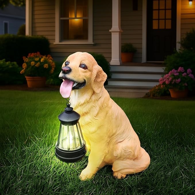 Adorable Golden Retriever Dog Sculpture with Solar-Powered Lantern & Charming 'On Patrol' & 'Welcome' Signposts - Outdoor Resin Statue for Garden, Patio, Yard Decor