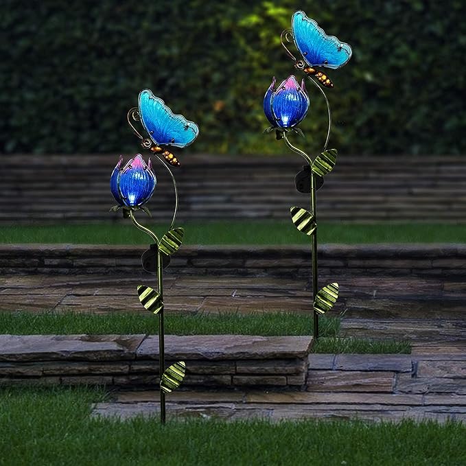 TERESA'S COLLECTIONS Flower and Heron Garden Decor with Solar Lights, Solar Powered Metal Stakes for Outdoor Patio Yard Lawn Decorations