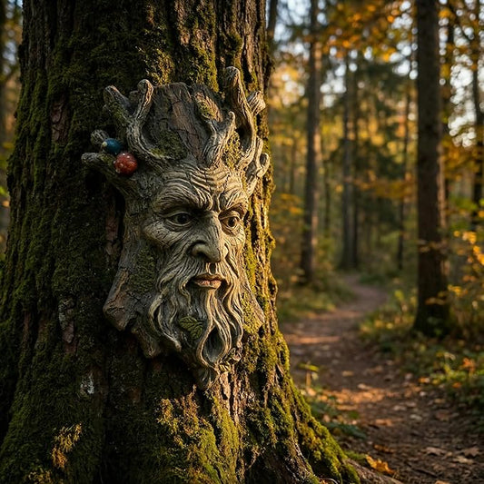 Tree Face Garden Statues Outdoor Decoration Clearance, Whimsical Old Man Tree Faces for Fence Hugger Sculpture, Wallmount Statue Fairy Art with Mushroom, Patio Home Hanging Decor, 6.9" x 2.8" x 9.8"